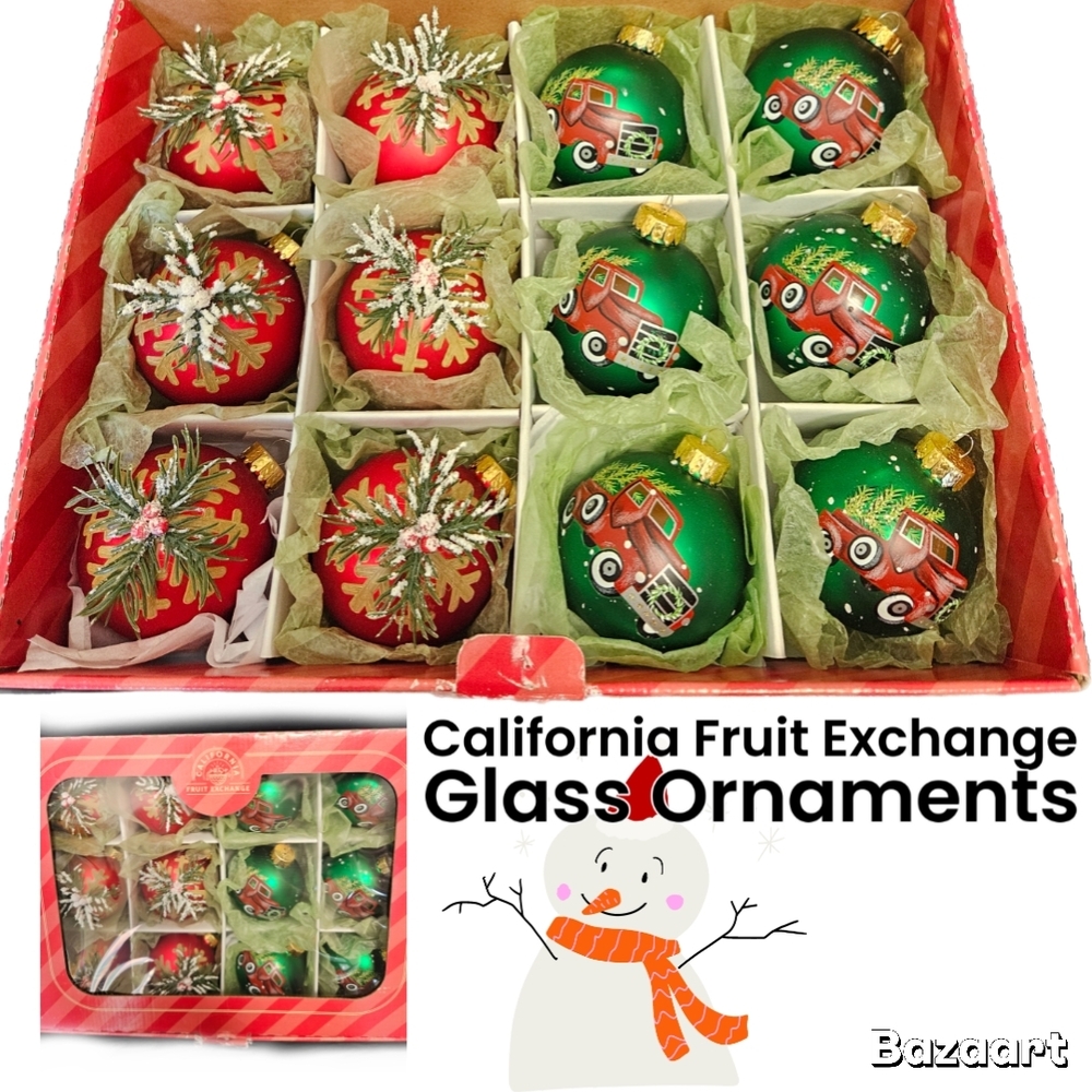 Christmas Glass Ornaments California Fruit Exchange  Trucks & Snowflakes In Box